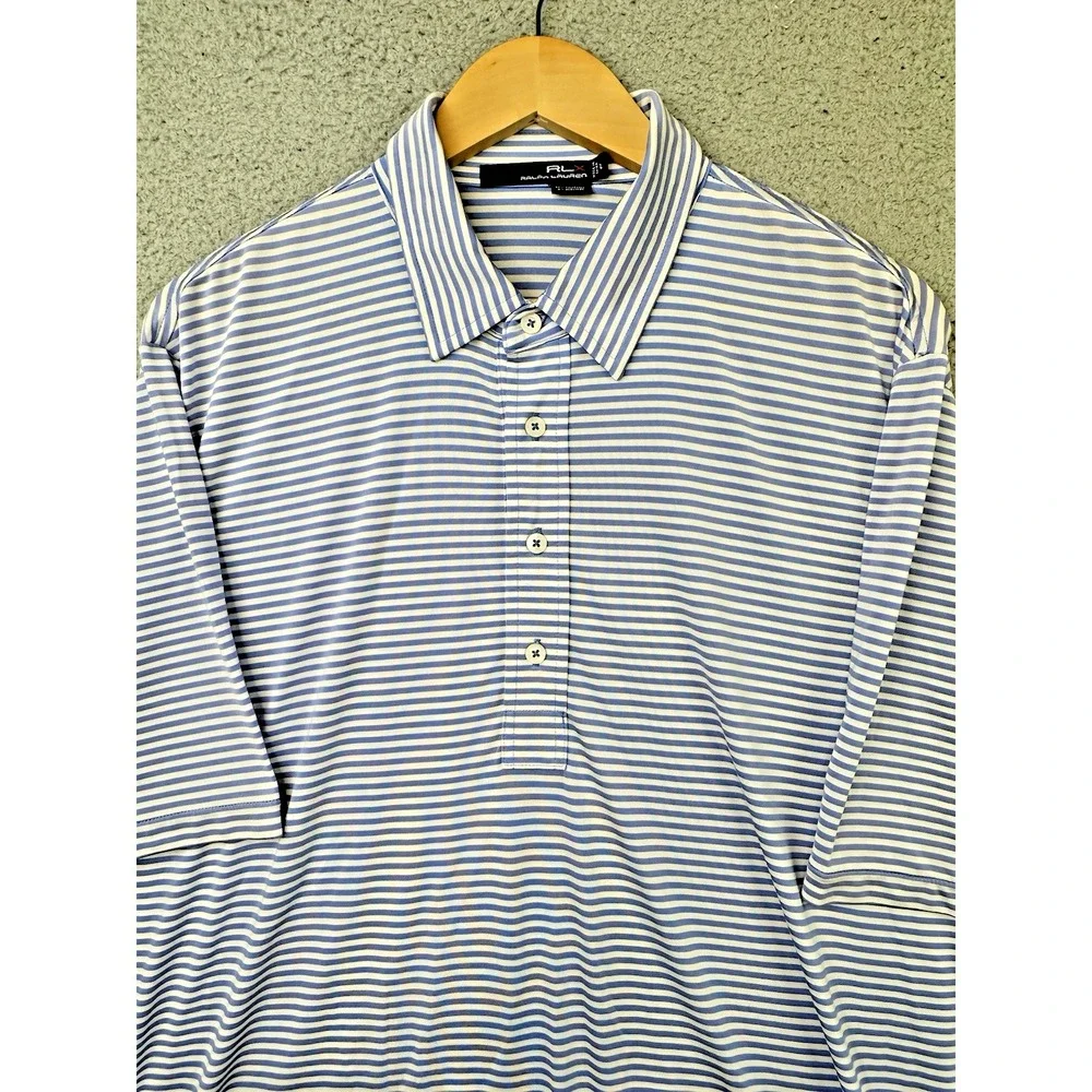 RLX Ralph Lauren Polo Golf Shirt Men Large Blue White Striped Performance Golfer